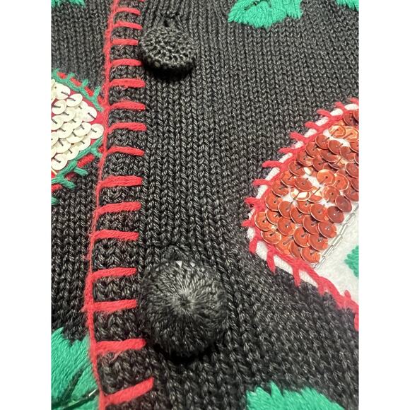 Vintage Victoria Jones Christmas Sweater Med Black Stocking Holly Applique - Picture 9 of 11